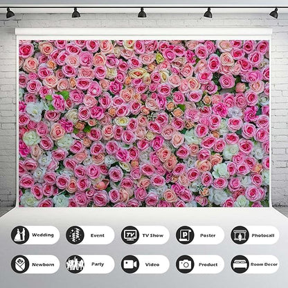 Pink Rose Flowers Theme Photography Backdrop Baby Shower Wedding Happy Birthday Photo Background Dessert Cake Table Floral Decoration Supplies Studio Props Decor Background 15x10ft