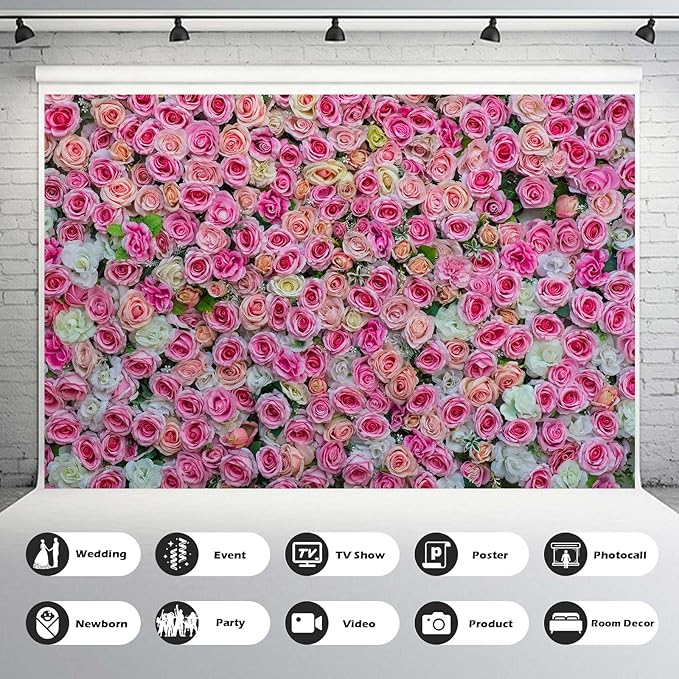 Pink Rose Flowers Theme Photography Backdrop Baby Shower Wedding Happy Birthday Photo Background Dessert Cake Table Floral Decoration Supplies Studio Props Decor Background 10x6.5ft