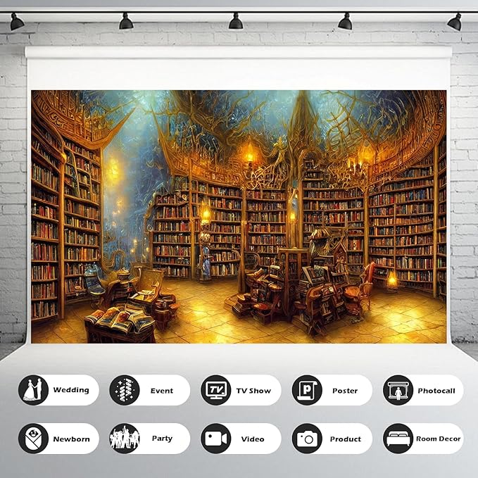 Medieval Fairytale Library Backdrop Vintage Bookshelf Backgrounds Cozy Bookcase Old-Fashioned Library Room Magical Books Photography Background Magic Books Theme Party Decorations Props 8x6ft