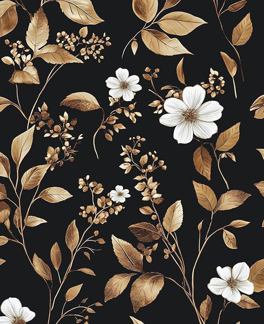 Extra Long Vintage Gold Wallpaper, 17.5" x 393" Classic Black and Gold Floral Self-Adhesive Vinyl Contact Paper for Bedroom, Powder Room, Countertop, Removable Antique Dark Metallic Home Decor