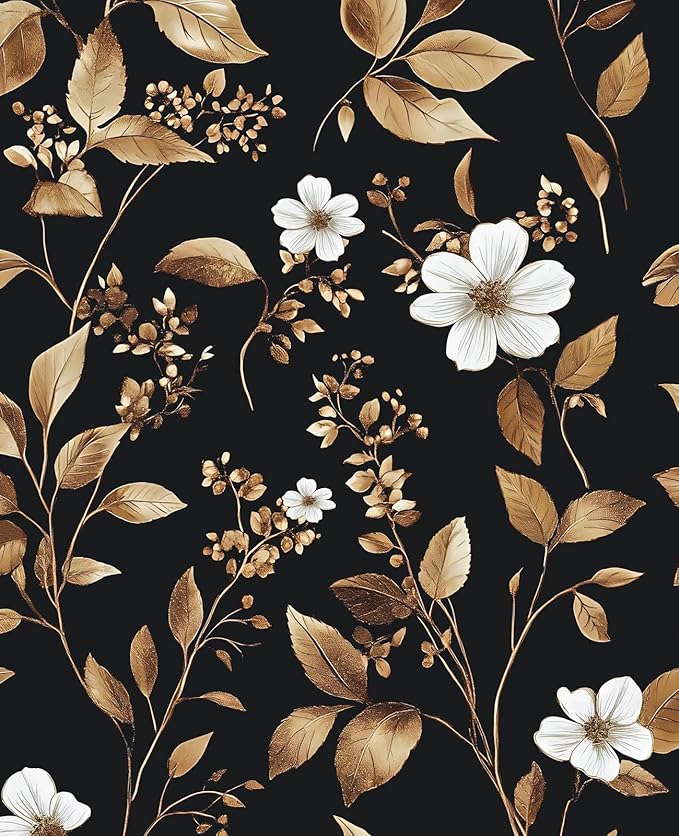 Vintage Black Peel and Stick Wallpaper – Black and Gold Floral Leaf Design Dark Metallic Self-Adhesive Vinyl Contact Paper for Bedroom, Cabinet, Drawer, Shelf Removable Wall Paper 17.5" x 118"