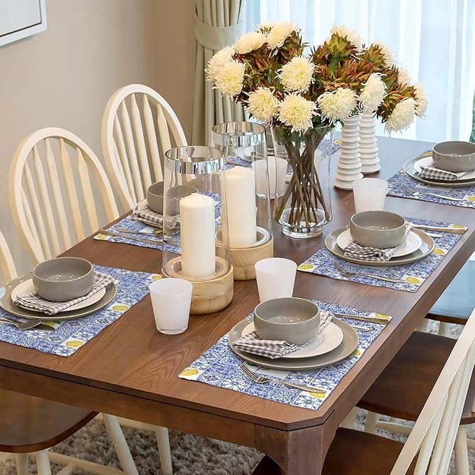 Lemon Table Placemats Set of 6 Blue Tile Print Linen Placemats for Indoor Outdoor Party Home Desktop Kitchen Dining Room Decor 12x18 Inch
