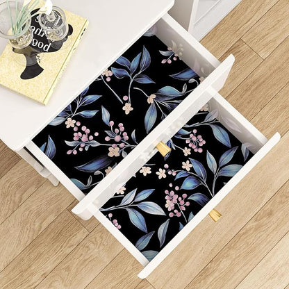 Dark Peel and Stick Wallpaper Vintage, Black Blue Leaf Removable Self-Adhesive Vinyl Contact Paper for Bathroom Bedroom Drawer Cabinet, Black Navy Gold Floral Design Retro Style 17.5" x 118"