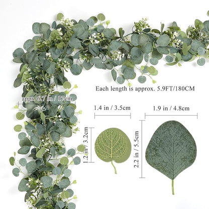 TOCHGREEN 2 PCS Artificial Eucalyptus Garland 5.9FT Faux Silver Dollar Greenery Garland Vines with White Flower Boxwood Fake Hanging Plants for Wedding Home Party Table Mantle Wall Decor