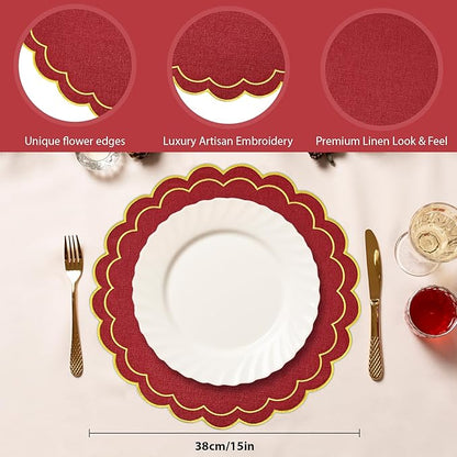 Set of 6 Christmas Round Placemats, 15 Inch Red Gold Christmas Cotton Linen Placemats with Scalloped Embroidery Edge Double Layered Washable Wrinkle Free Cloth Table Mats for Xmas Table Decor