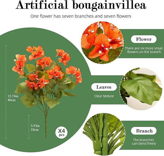 4 Pcs Artificial Flowers Bougainvillea Outdoor Artificial Plants Faux Flowers with Stems Silk Flowers for Wedding Porch Living Garden Decor(4PCS,Orange)
