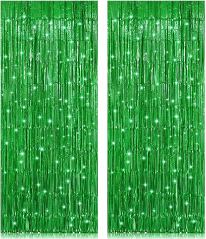 2 Pack 3.2ft x 8.2ft Green Foil Fringe Curtain, Metallic Tinsel Foil Fringe Rain Curtain Streamers Photo Backdrop for St Patricks Day Decorations Birthday Christmas Jungle Safari Tropical Party Decor