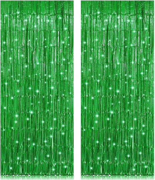 2 Pack 3.2ft x 8.2ft Green Foil Fringe Curtain, Metallic Tinsel Foil Fringe Rain Curtain Streamers Photo Backdrop for St Patricks Day Decorations Birthday Christmas Jungle Safari Tropical Party Decor