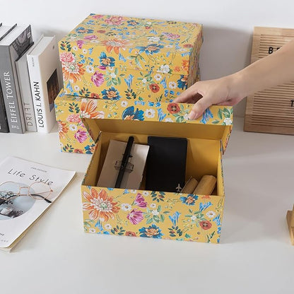 Soul & Lane Decorative Storage Boxes with Hinged Lids, Golden Bloom - Set of 3: Floral Memory Keepsake Boxes with Lids, Cardboard Photo Storage for Organizing, Home Décor, Gifts