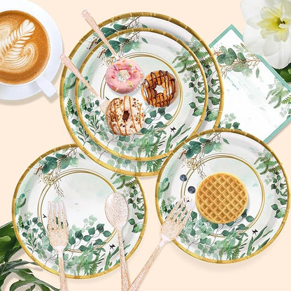350 Pcs Sage Green Plates and Napkins Party Supplies Serve 50 Sage Green Baby Shower Decorations Eucalyptus Paper Plates and Cups And Napkins Sets for Boho Birthday Wedding Baptism Bridal