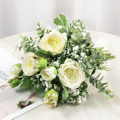 DEEMEI Artificial Babys Breath Flowers Silk White Peony Roses Eucalyptus Leaves Wedding Bridal Bouquets for Table Centerpieces (2 Bundles)