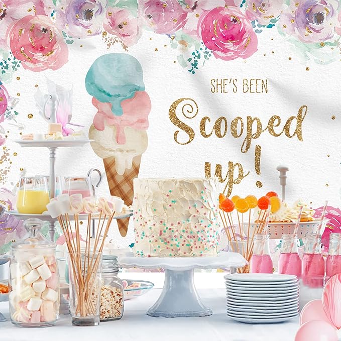She's Been Scooped Up Backdrop Ice Cream Bridal Shower Party Pink Flowers Summer Photography Background Supplies Decorations Gift Floral Cake Table Banner Photo Booth Studio Props 7x5ft