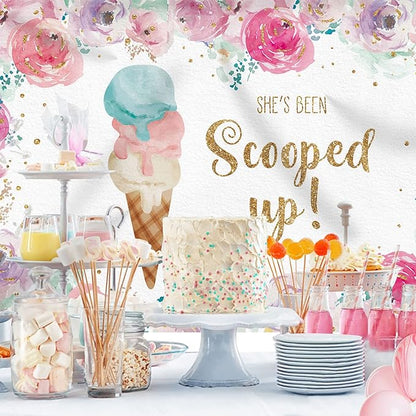 She's Been Scooped Up Backdrop Ice Cream Bridal Shower Party Pink Flowers Summer Photography Background Supplies Decorations Gift Floral Cake Table Banner Photo Booth Studio Props 7x5ft