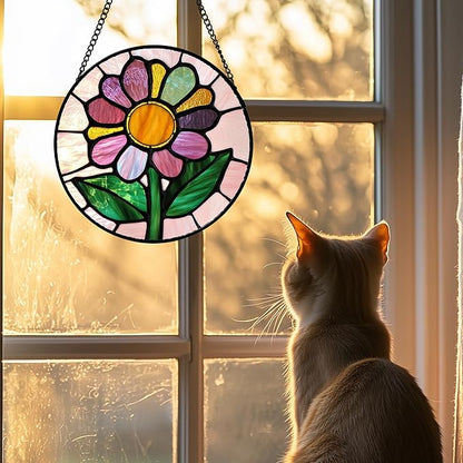 Stained Glass Window Hanging 4 Pcs Set Pink Floral Theme Large 15" - Flowers Suncatcher Door Garden Sun Catcher Decor Birthday Christmas for Mom Woman Nana Men Friend