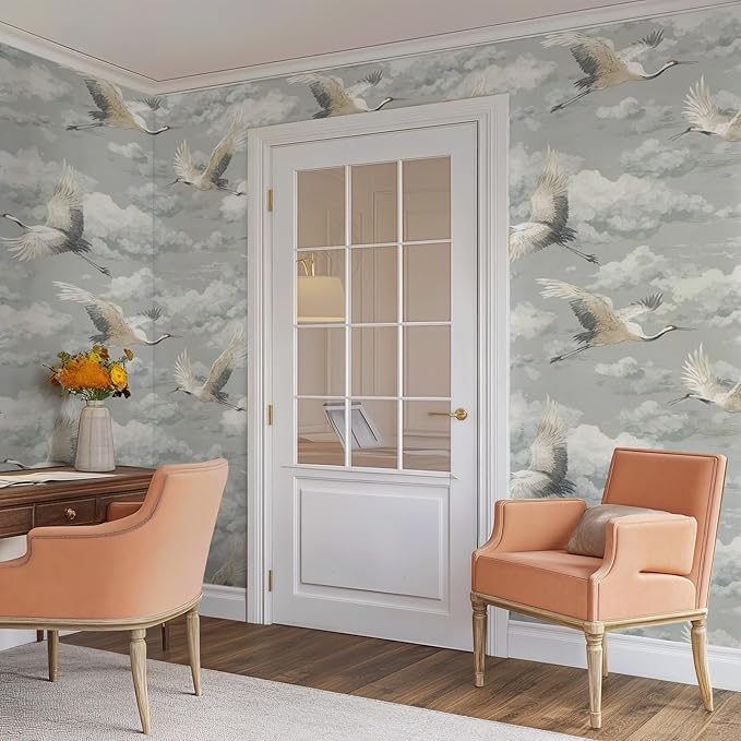 Peel and Stick Vintage Chinoiserie Animal Contact Paper Removable Grey Crane Wallpaper 17.7" x 118.11" Wall Paper Watercolor Self Adhesive for Classroom Bedroom Laundry Room Bathroom