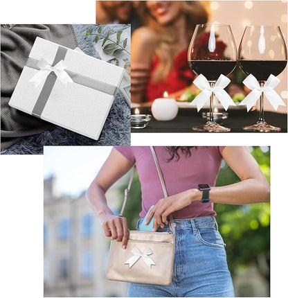 50 Counts White Twist Tie Bows 3.1" Pre-Tied Satin Ribbon Bow Decor Mini Twist Tie Bows for Gift Wrapping Treat Bags Cake Bridal Baby Shower Birthday Party Favors Wedding Decorations