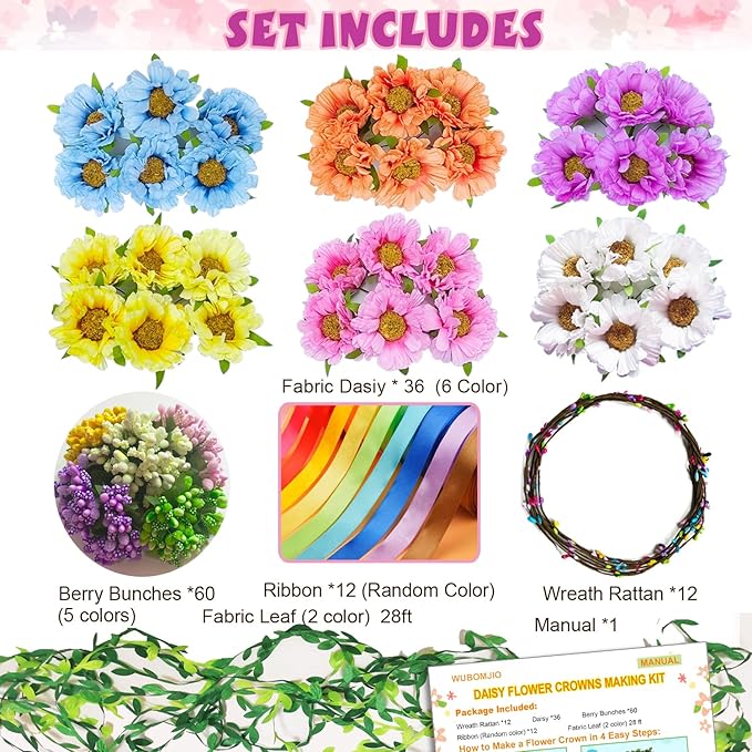 WUBOMJIO Make Your Own Flower Crown Crafting Kit(Daisy Theme)| 120+Piece Set for Endless Creativity | Craft for Creative Girls Age 6-10+