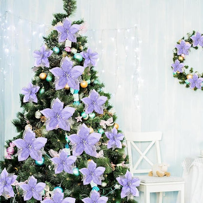 WILLBOND 36 Pieces Christmas Poinsettia Glitter Faux Flowers Christmas Artificial Flowers Tree Ornaments Topper Xmas Decorations(Purple)