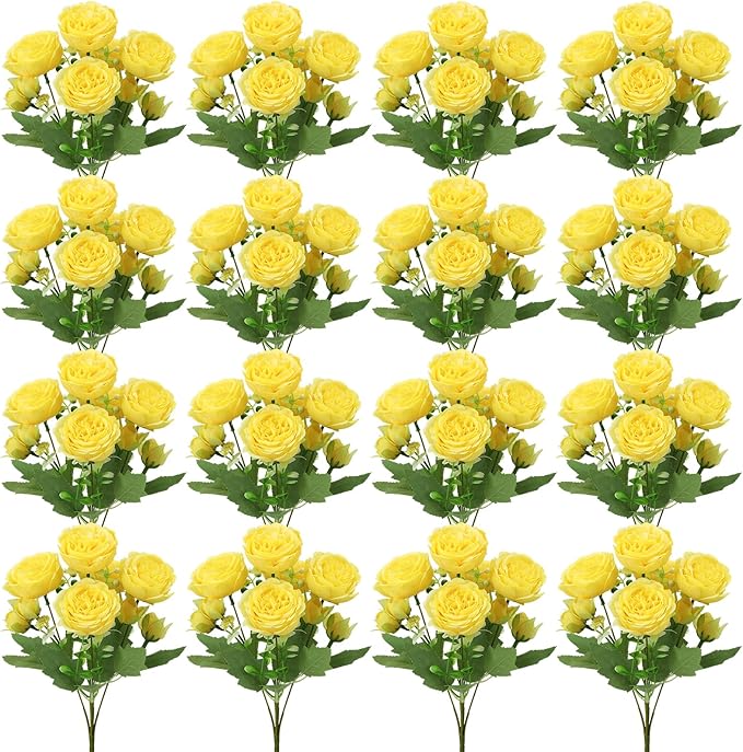 16 Pack Yellow Peonies Artificial Flowers, Fake Silk Hydrangea Bouquet for Bridal Wedding Home Table Decor Reusable Dining Opening Ceremony Birthday Arrangement Faux Floral