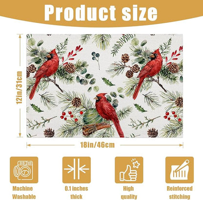 Red Cardinal Placemats Set of 6, Christmas Berry Bird Linen Place Mat Washable Stain Resistant Table Mats for Farmhouse Kitchen Dining Party Wedding Decor 12x18 Inch