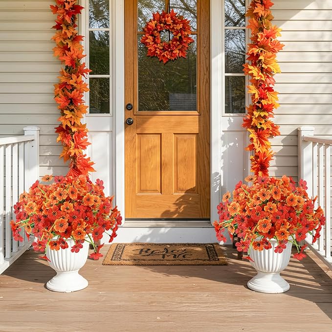 MACTING Artificial Fall Flowers for Outdoors 6 Bundles Faux Mums Outdoor Plants UV Resistant Fake Silk Flowers for Planters Front Door Porch Patio Indoor Outside Autumn Thanksgiving Decor,Orange & Red
