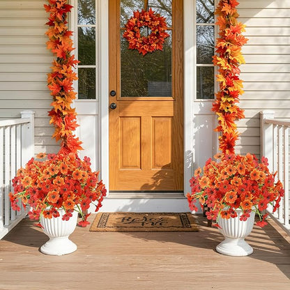 MACTING Artificial Fall Flowers for Outdoors 6 Bundles Faux Mums Outdoor Plants UV Resistant Fake Silk Flowers for Planters Front Door Porch Patio Indoor Outside Autumn Thanksgiving Decor,Orange & Red