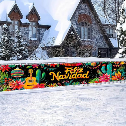 Feliz Navidad Banner 118 x 20 Inch Mexican Christmas Backdrop with Guitar Cactus Poinsettia Flowers Large Holiday Party Wall Decoration for Outdoor Fence Yard Porch Photography