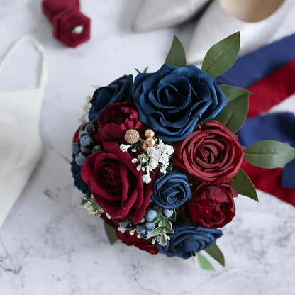 ponatia Navy Blue Wedding Bouquets for Bride Bridesmaid, BurgundyWedding Artificial Roses Flowers for Wedding Bouquets Ceremony, Anniversary (Burgundy & Navy Blue)