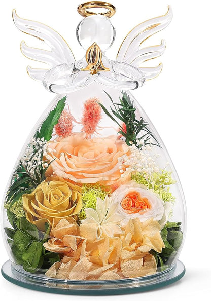 FIACO Gifts for Women Birthday Christmas Preserved Rose Forever Flower in Glass Angel Figurines Fresh Flowers for Delivery for Mom Real Colorful Roses for Grandma Wife Her from Daughter