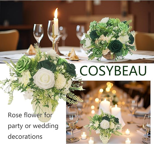 Artificial Fake Flowers 25pcs Roses, Shade of Green Foam Rose Faux Flower for DIY Wedding Bouquets Bridal Shower Centerpieces Floral Arrangements Party Tables Home Decorations