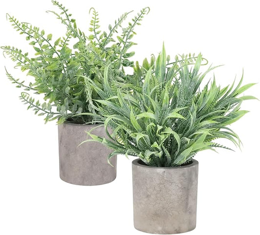 2 Pack Mini Potted Fake Plant, Artificial Plants Indoor, Artificial Frost-Hung,Eco-Friendly Gray Pot, No Need for Maintenance，Ideal Decor for Home and Office (2, Spring Grass + Wild Fern)