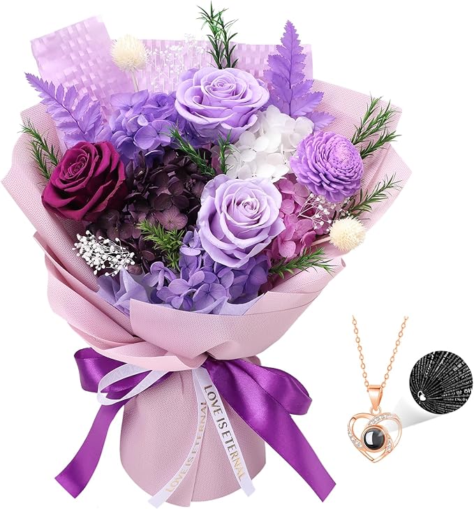 Preserved Flowers for Delivery, Purple Flower Bouquets with Necklace, Forever Real Roses Anniversary Birthday Gifts for Women Mom Wife Girlfriend, Fresh Flowers for Valentines Day Christmas