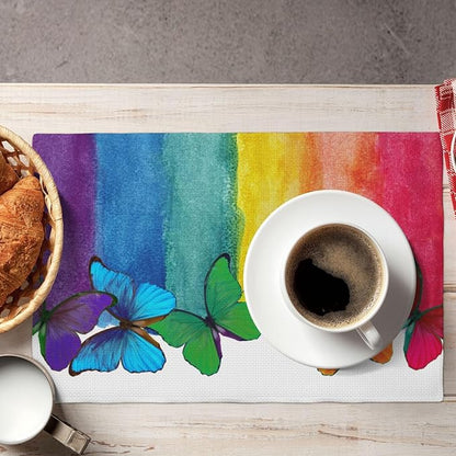 Rainbow Butterfly Placemats Set of 4,Colorful Butterfly Kids Girls Birthday Party Decor Washable for Kitchen Dining Table Heat Resistant Decorative Colth Table Mats 4 PCS, Style-2