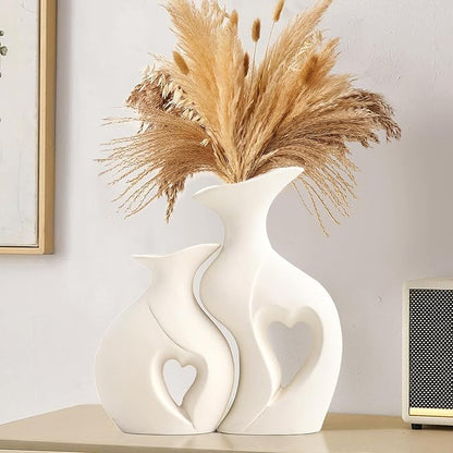 XL Pearl White Vases for Decor,Nordic Heart Shaped Ceramic Vase Set of 2,Modern Vase for Table Centerpiece Dining Living Room Office Coffee Table Wedding House Decoration