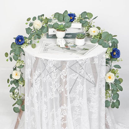 TOCHGREEN 2 Pack 13Ft Artificial Eucalyptus Flower Garland with White and Blue Roses, Fake Rose Flower Greenery Garland Floral Vines for Wedding Home Party Table Runner Decor (Blue White, 2PCS)