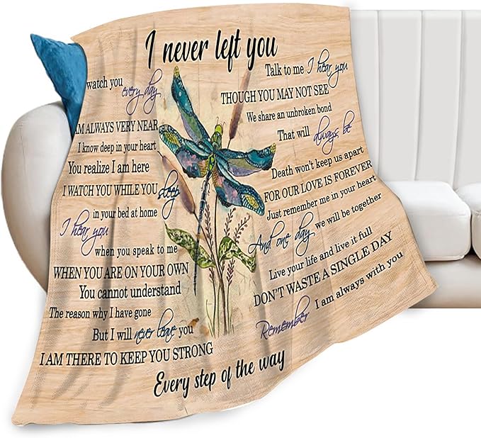 Dragonfly Blanket Memorial Sympathy Gifts for Girls Women Loved One I Never Left You Throw Blanket for Kids Adults Soft Warm Cozy Fleece Blanket for Couch Sofa Bed 60"x80"