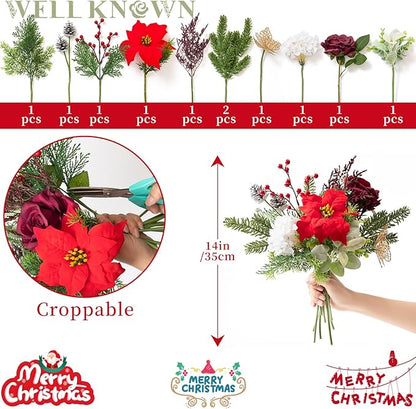 11 Pcs Artificial Christmas Flowers Bouquet Pine Branches 14" Red Poinsettias FLowers Faux Greenery Spary Stems Red Berry Pine Cones Fake Cedar Picks for DIY Crafts Tabletop Winter Home Party Decor