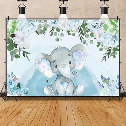 AOFOTO Flowers Baby Elephant Backdrop Light Blue 12x8ft Boy Gender Reveal Party Decorations Sweet Floral Baby Shower Photo Shoot Background for Photography Kids Child Birthday Photo Studio Props Vinyl