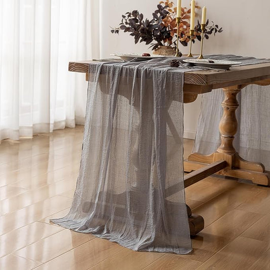 6pcs Grey Gauze Rustic Cheesecloth Table Runner 120 Inch 10 FT for Wedding Baby Shower Bridal Shower Birthday Engagement Garden Outdoor Party Long Sheer Boho Decorations