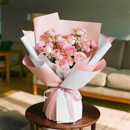 WRAPAHOLIC 20 Sheets Flower Wrapping Paper - 22.4 x 22.4 inch Pink White Color Water-Resistant Floral Bouquet Wrapping Paper, Florist Supplies Packaging for Wedding Birthday Gift DIY