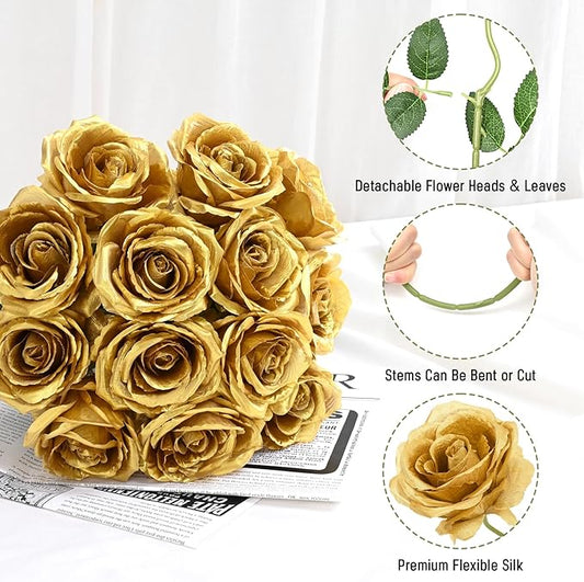 Waipfaru 16 Pcs Fake Gold Roses Artificial Flowers with Long Stems, Rose Bouquet Silk Faux Flowers for Valentines Wedding Party Vase Centerpiece Home Decor (Gold)
