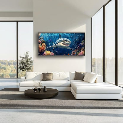 Large Ocean Shark Wall Art for Living Room, Framed Oversized Shark Fish Wall Decor Underwater Marine Life Canvas Painting Modern Artwork for Living Room Bathroom Bedroom Office Dining Room 60"x30"