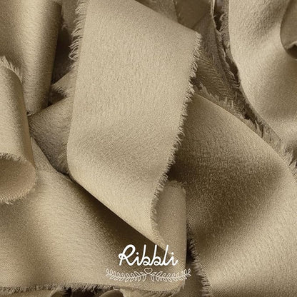 Ribbli Champagne Gold Silk Satin Ribbon 1.5 Inch x 12 Yard Handmade Frayed Chiffon Ribbon with Wooden Spool for Gift Wrapping Wedding Invitations Bridal Bouquets Home Decor