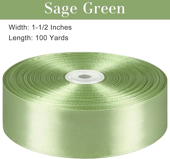 1-1/2 Inches 100 Yards Sage Green Satin Ribbon, Ribbon Roll for Flower Bouquets, Gift Wrapping, Wedding, Handmade Crafts