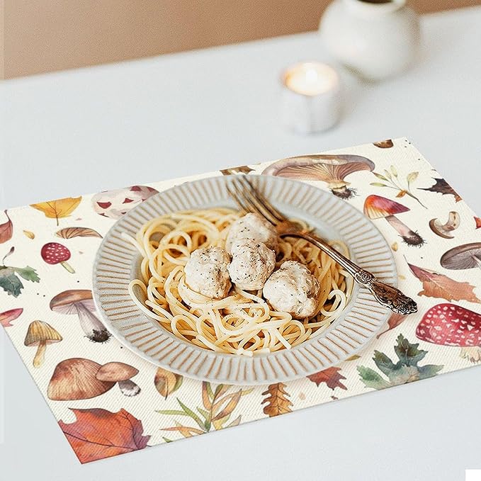 Mushroom Botanical Placemats Set of 4 Mushroom Plants Place Mats Botanic Waterproof Washable Table Mats Kitchen Dining Decoration 4 PCS