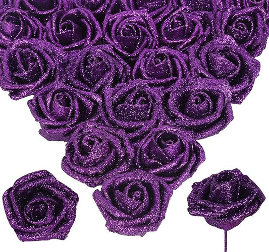 Purple Glitter Roses 30pcs Purple Foam Roses with Glitter 2.56" Fake Glitter Flowers Rose Decoration for Baby Shower Flower Centerpieces for Table