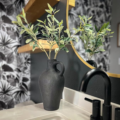 Luxurious Gift Set Textured Ceramic Vase 10 Inch with Olive Branches 22 Inch Tall Black Medium Vase Artificial Topiaries Fake Plants, Minimalist Shelf Decor, Neutral Home Office High End Gifting Decor