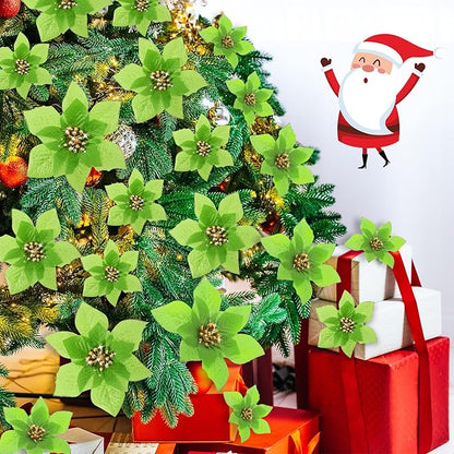WILLBOND 24 Pcs 3 Size Poinsettia Flower Artificial Christmas Decor Glitter Poinsettia Christmas Ornaments Faux Flowers for Xmas Tree Outdoor(3.2/4/6 Inches,Green)