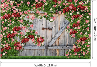 AOFOTO Barn Door Rose Backdrop Rustic Red Pink Beige Flowers Background Romantic Phtography Banner for Anniversary Wedding Decor Photo Studio Photobooth Props 6x4ft