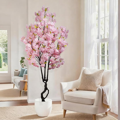 6.56ft Tall Pink Artificial Cherry Blossom Trees, Realistic Flower with Sturdy Plastic Pot, Fake Cherry Blossom Tree for Home Office Indoor Outdoor Party Wedding Christmas Decor